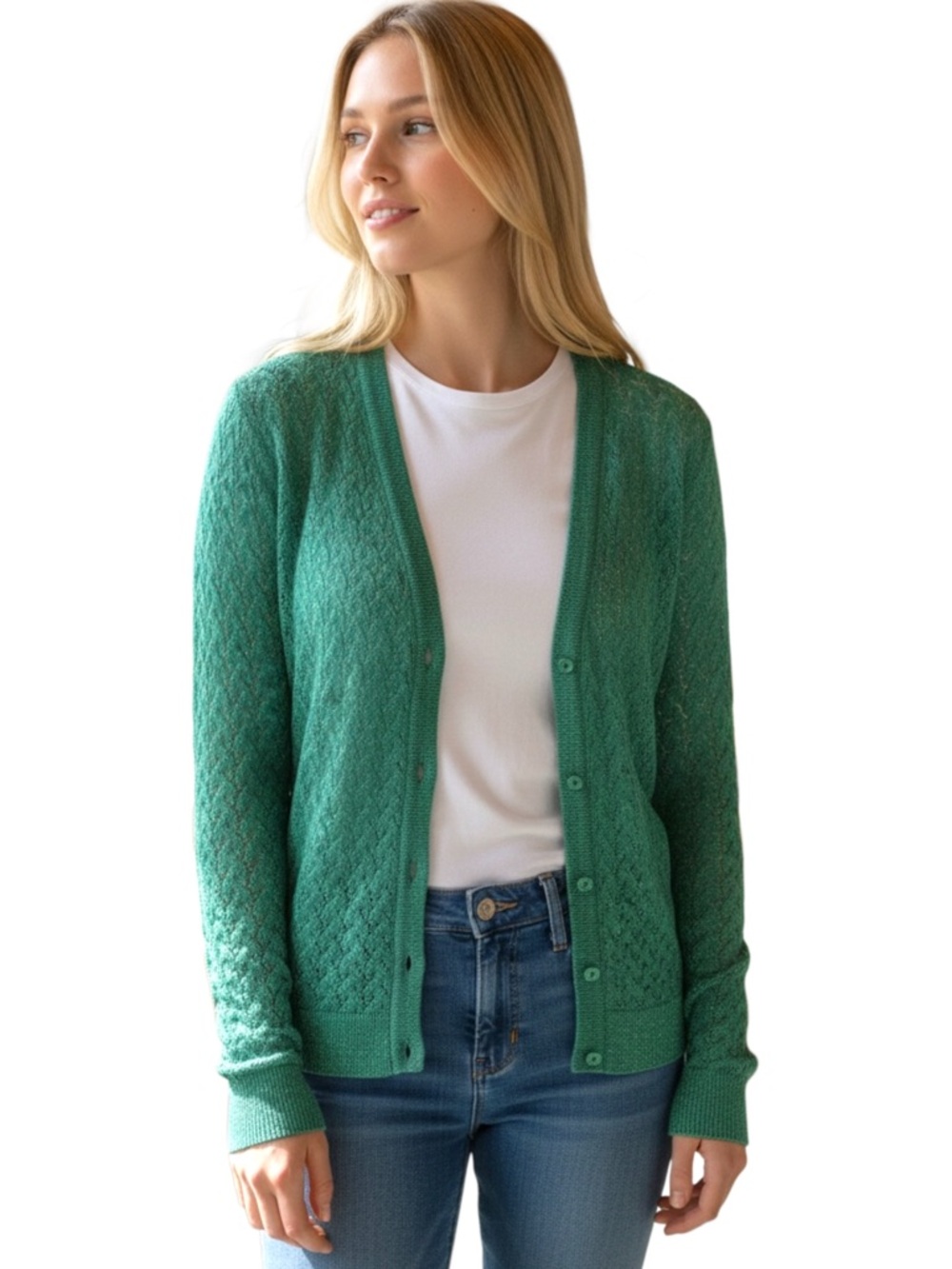 Merona Green Shimmer Pointelle Lightweight Cardigan Crystal Button Sweater (XS)